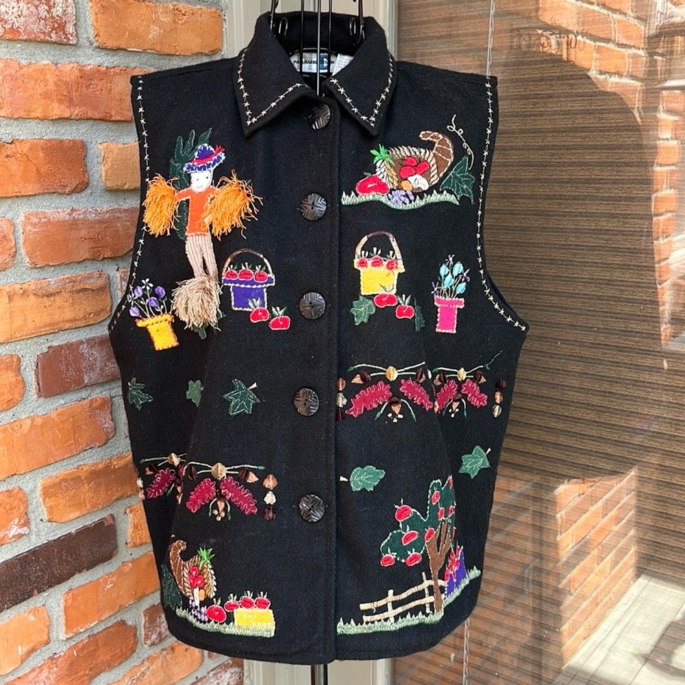 🍁Vintage Paul Harris Design Embroidered Fall/Harvest Themed Vest Size L EUC 🍁